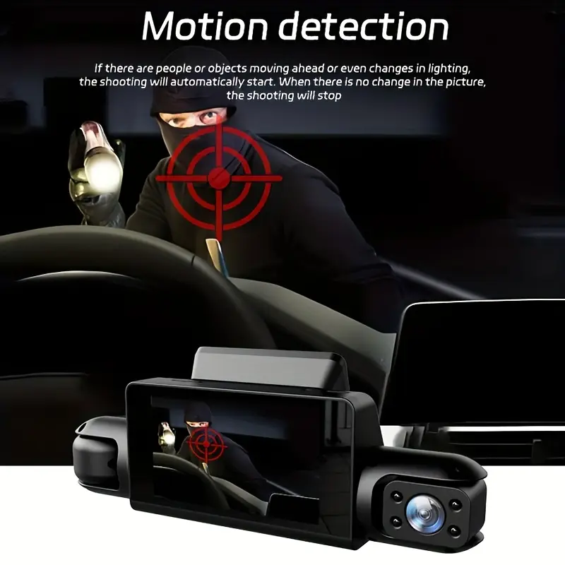 Dashcam de voiture à 4 caméras avec vision nocturne, capteur G, détection de mouvement, enregistrement en boucle, conception à 2 objectifs, modèle compact et portable pour le suivi du conducteur et la surveillance de la sécurité, caméra de sécurité pour véhicule, appareil élégant, construction durable